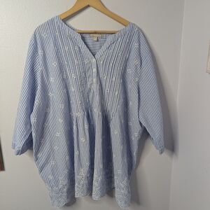 Woman Within‎ Blue Striped Embroidered Tunic Top, 3X, 30/32, Peasant Style